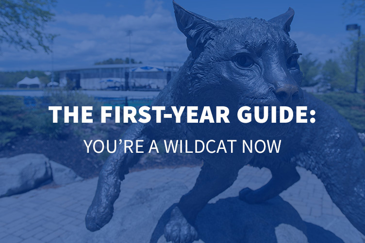 the wildcat statue at UNH with overlaid text The First Year Guide: You're a Wildcat Now