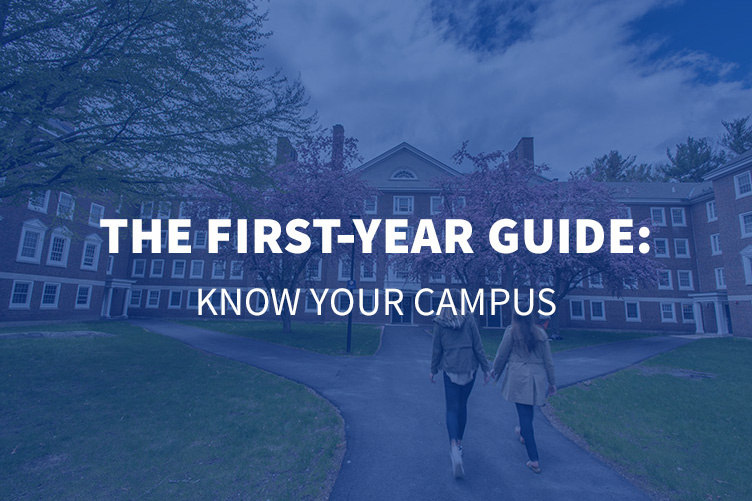 two UNH students walking in the upper quad with overlaid text The First Year Guide: Know Your Campus