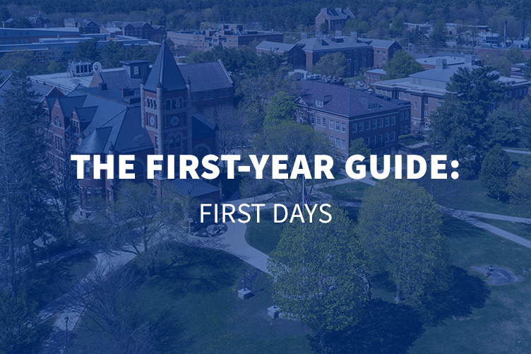 an aerial view of the UNH Durham campus with the text The First-Year Guide: First Days