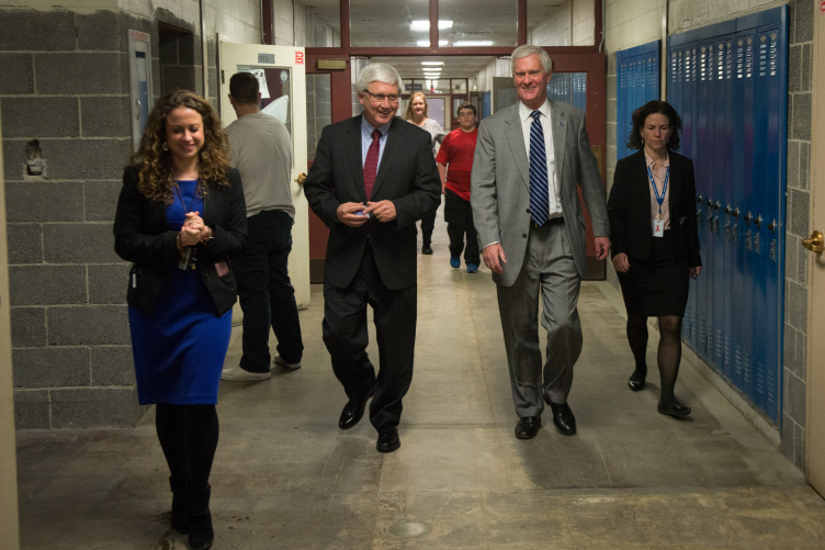 NH Senate President Chuck Morse and UNH President Mark Huddleston met with students and staff at Salem High School on March 27.