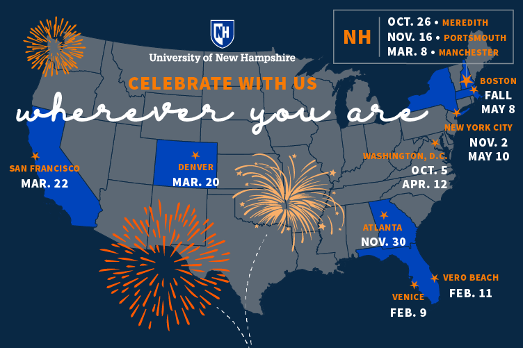 map of U.S. showing locations of UNH alumni events