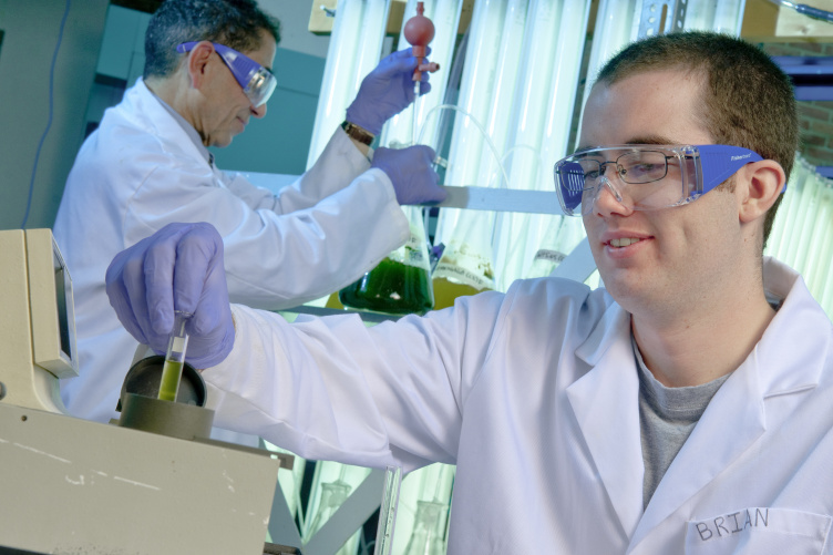 Student examines a test tube