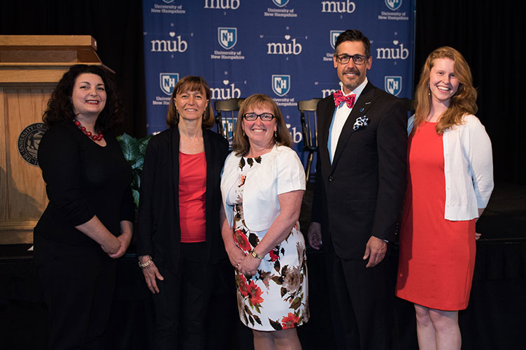 UNH 2017 Presidential Award of Excellence recipients Carla Cannizzaro, Amanda Stone, Marlene Brooks and Avary Thorne, pictured with Chris Clement, vice president for finance and administration