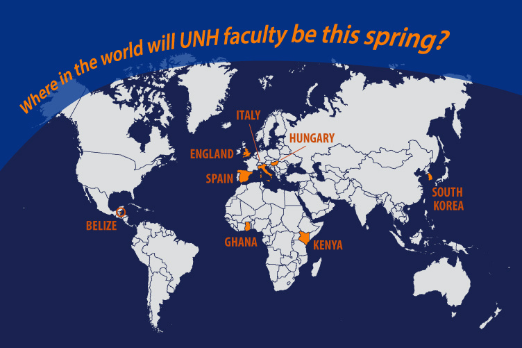 graphic showing where UNH faculty are working and studying during spring semester 2017