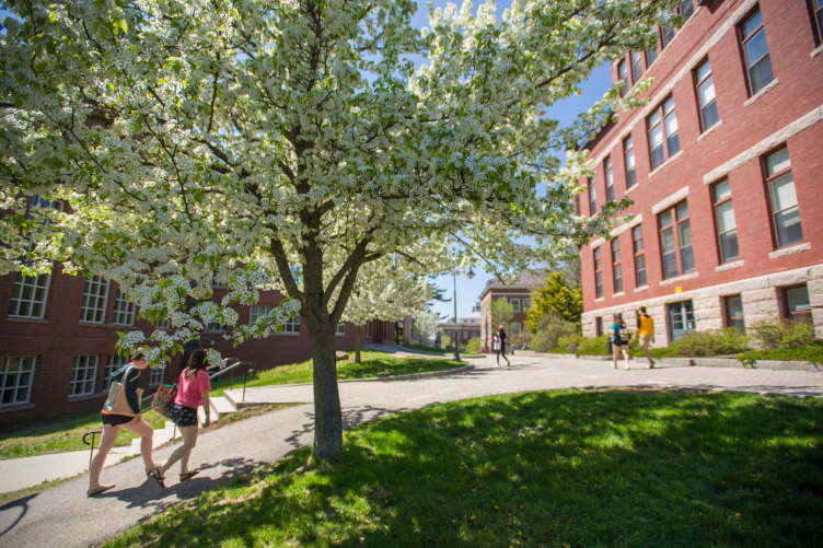 Students walking on a path at UNH's Durham campus, spring 2018