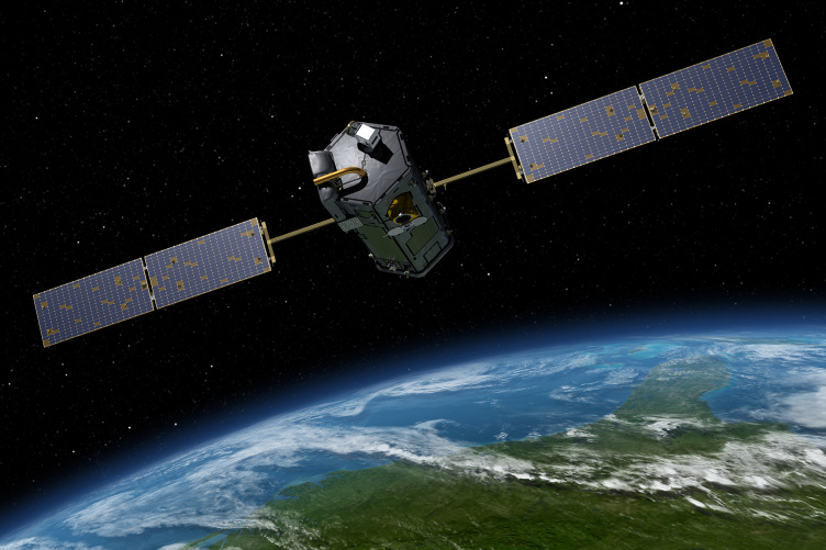 Artist's rendering of a satellite in space above Earth. 