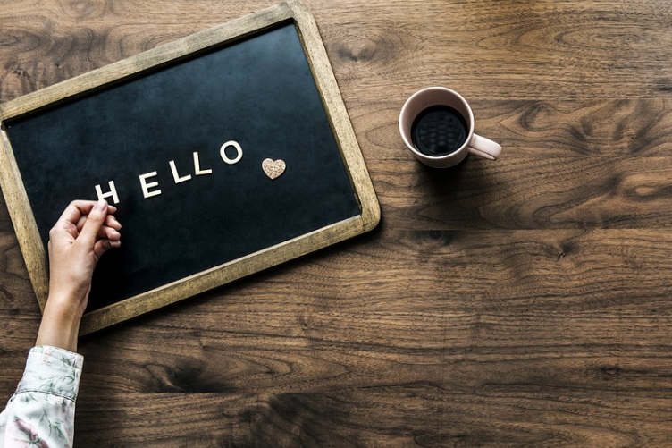 "Hello" written on a chalkboard