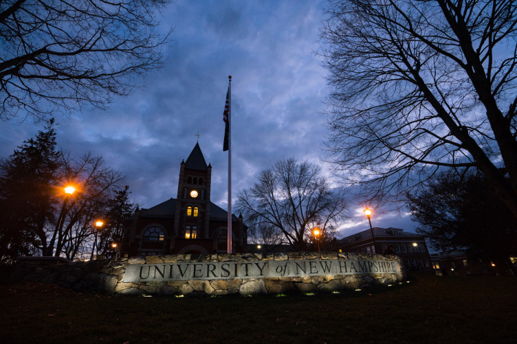 The University of New Hampshire's Thompson Hall at dusk