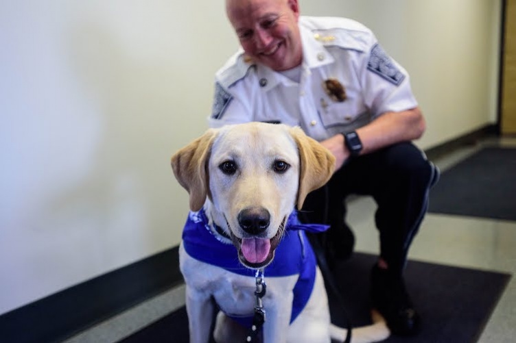 Charlee, therapy dog, and Chief Paul Dean