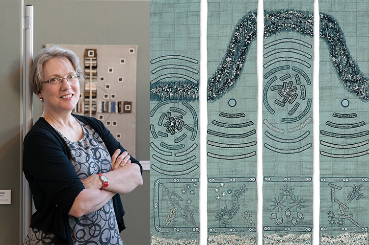Artist Lindsay Olson next to her textile art.