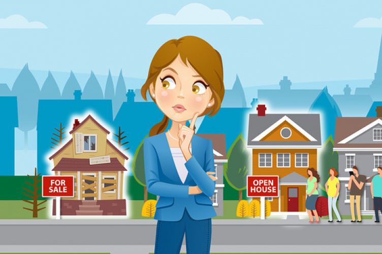 Image of cartoon character comparing two types of houses
