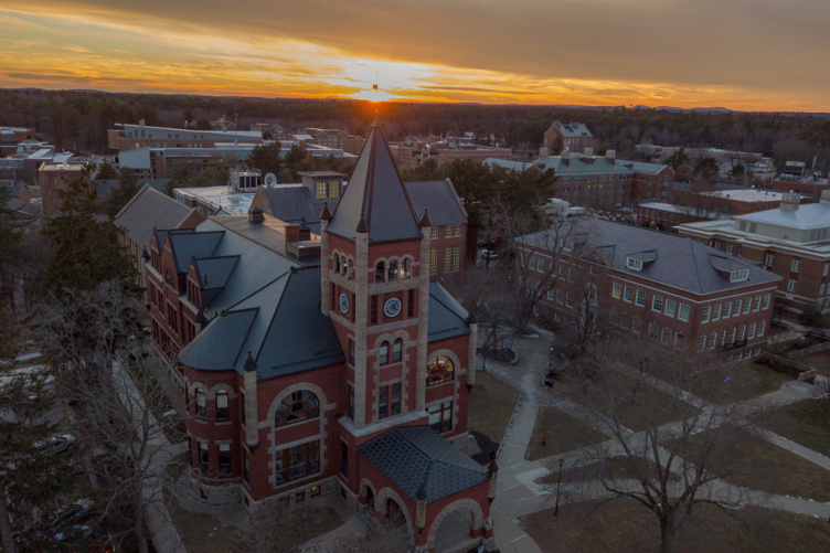 UNH campus and Thompson Hall at sunset
