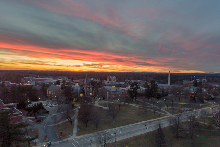 An aerial shot of campus at dusk
