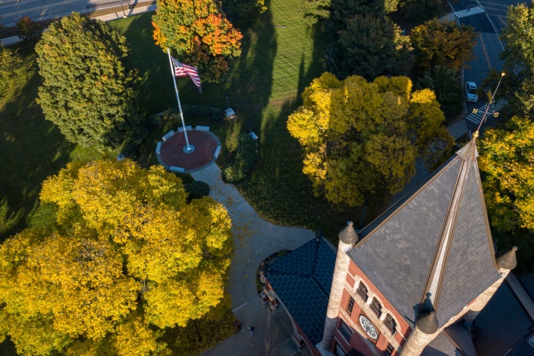 Overhead shot of Thompson Hall with fall foliage