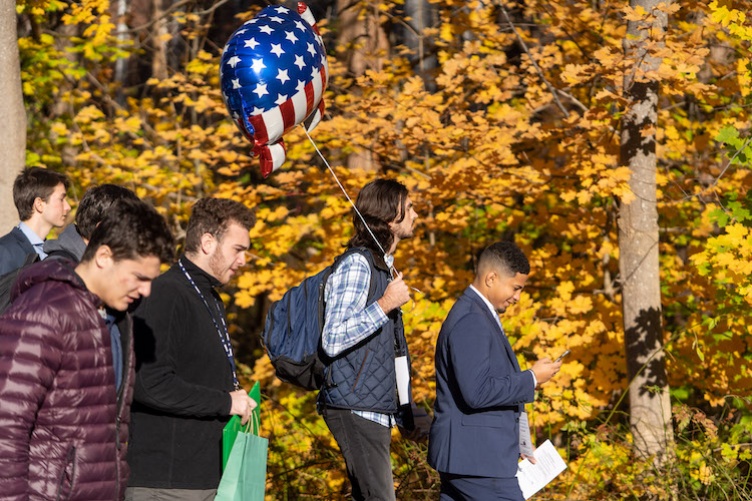 students walking to where mock convention will take place 