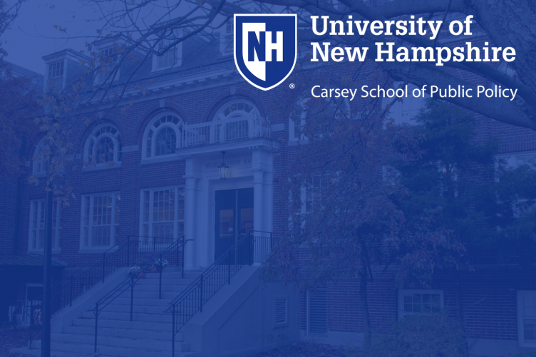 Photo of Carsey logo on image of Huddleston Hall with a blue filter on it.
