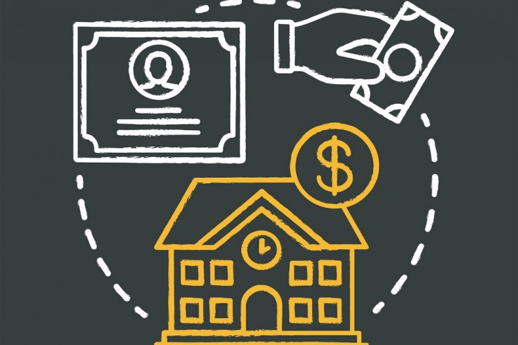 Graphic showing money switching hands, going to school, resulting in a diploma.