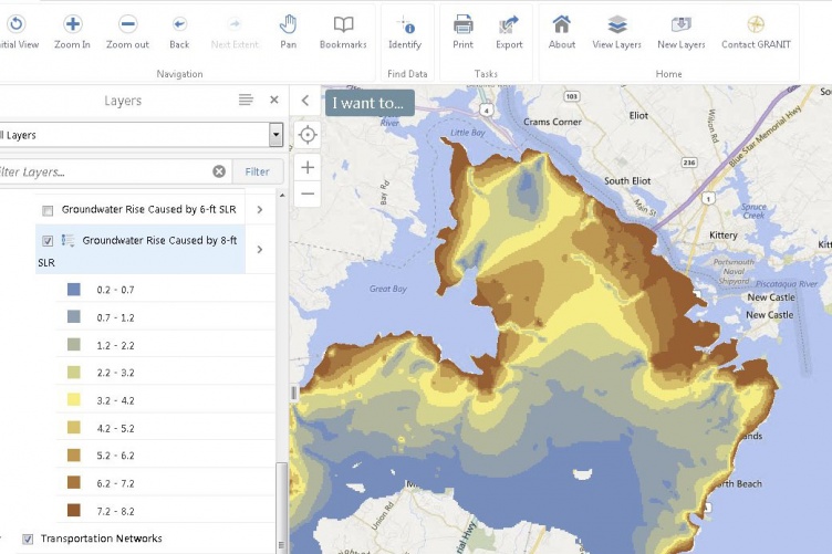 GIS map indicating groundwater rise due to sea level rise