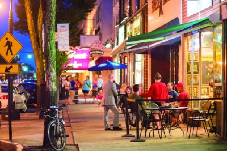 Manchester street cafe in evening