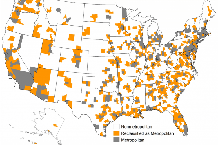 Map graphic showing areas of the United States classified as metropolitan and non-metropolitan areas.