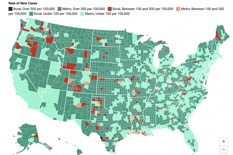 A map showing new infection rates of COVID-19