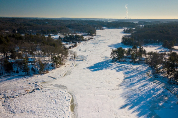 Aerial photo of Oyster River in snow