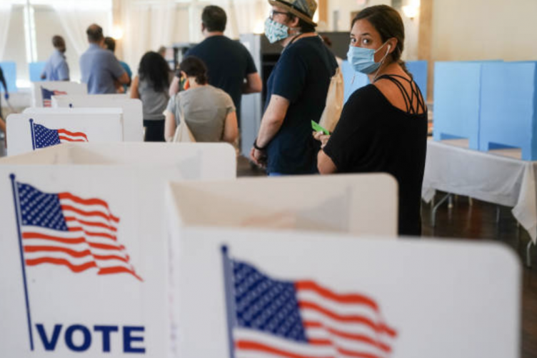 People wait in line to vote.