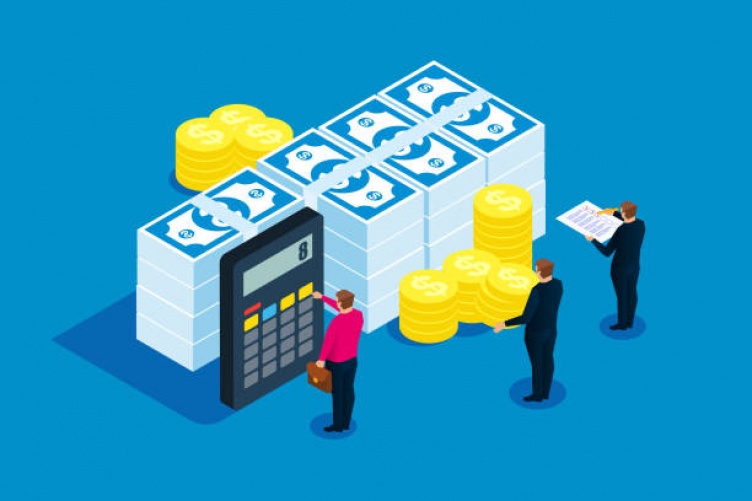 Image of animated money, calculator, and people  