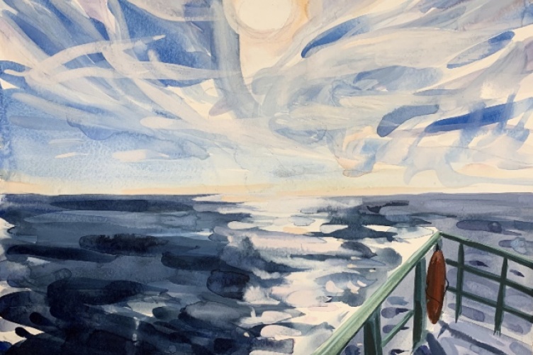 Watercolor of bow of boat with sun over ocean horizon.
