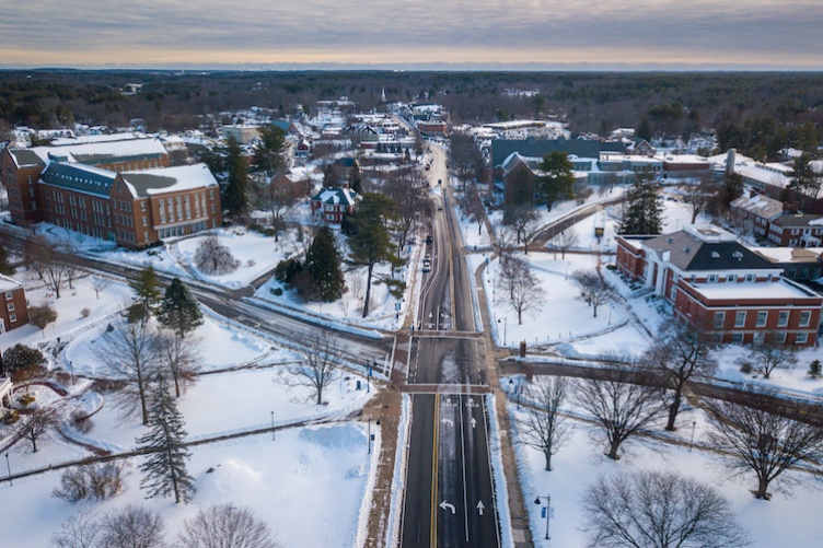 aerial view of campus in the snow