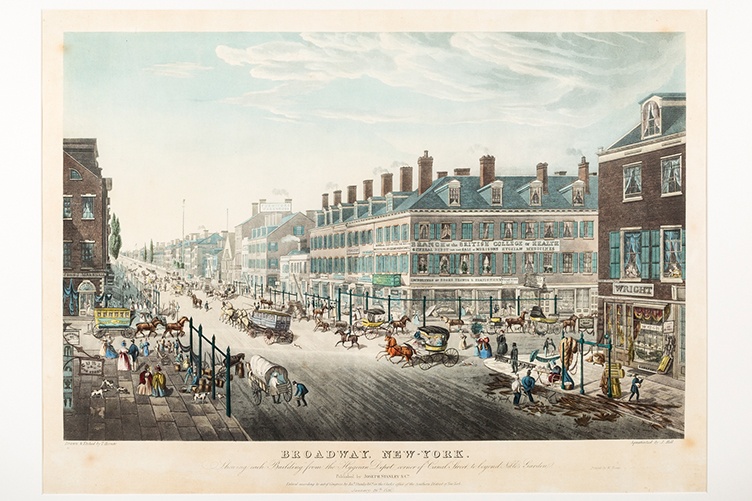 illustrated postcard of Broadway, NYC