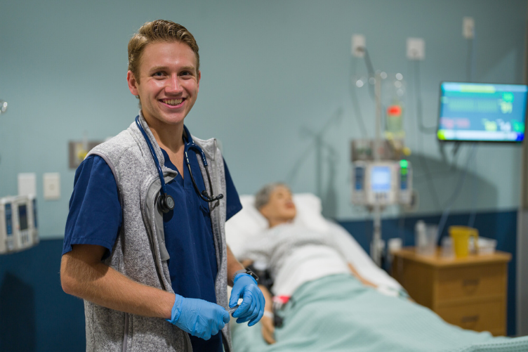 Nursing major Alex Carbone '22 in the UNH Health Sciences Simulation Center