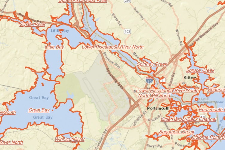 Map of Great Bay and the coastline of New Hampshire