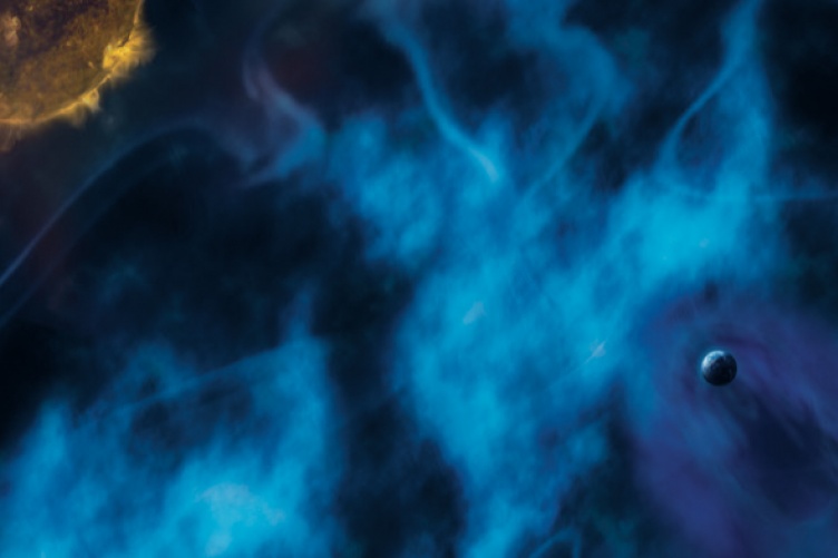 Illustration of sun, blue space plasma waves, and the Earth.