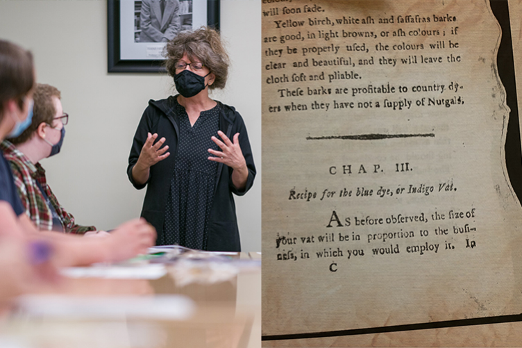 A photo of Dr. Kimberly Alexander on the left side and a recipie page from the Country Dyer book on the right.