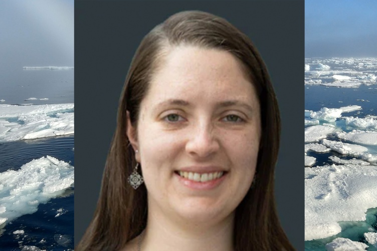 Jessica Scheick headshot with icebergs floating on the ocean in background.