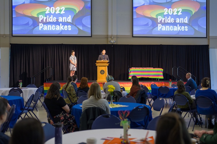 A crowd at the pride and pancakes breakfast