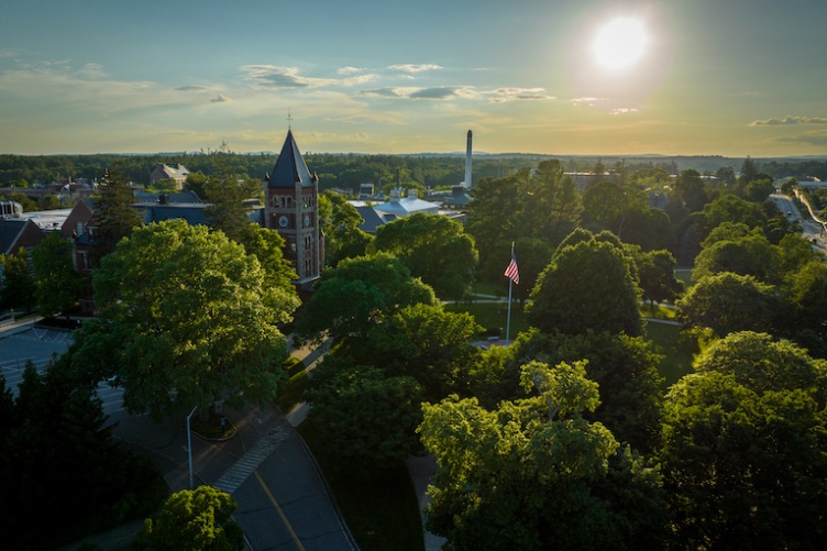 aerial photo of sun setting over T Hall