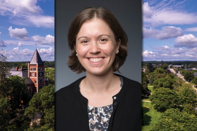 an image of carolyn arcand with a background image of the UNH campus