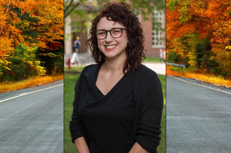 a photo of jess carson with an image of a road with trees on other side behind her