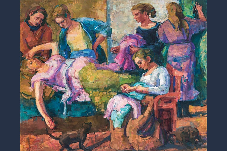 painting of women huddled around ill woman on bed