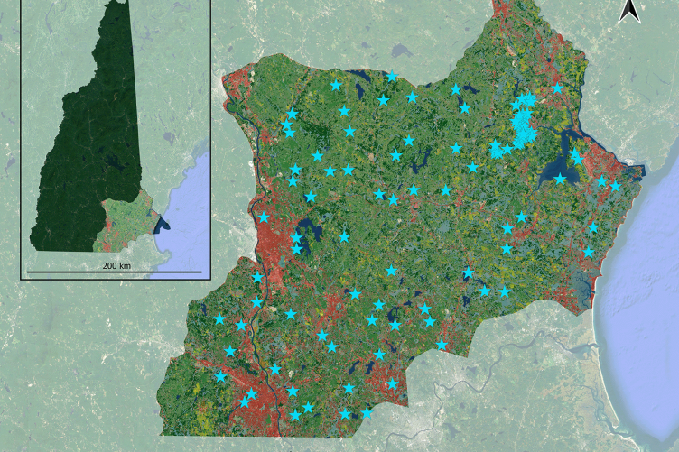 A map showing the approximate locations of the various camera traps used in this study in southeastern New Hampshire.