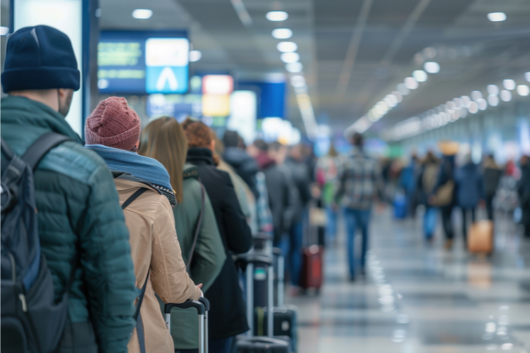 Stock photo of travelers in long lines at the airport. Stock photo of travelers in long lines at the airport.
