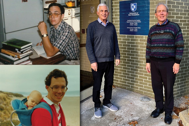 chuck hotchkiss studying at desk as young professor; chuck as young father with infant son asleep; michael swack and chuck hotchkiss reunited and standing on UNH campus