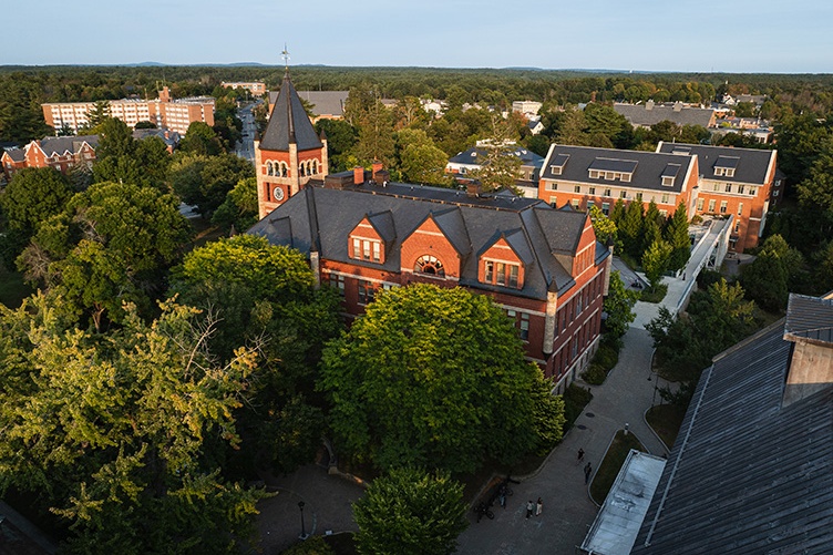 aerial shot of Thompson Hall in early fall