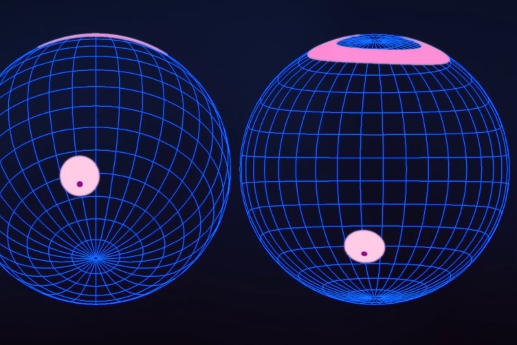 Illustration of two spheres, in shades of purple and pink, that represent a neutron star as seen from Earth.
