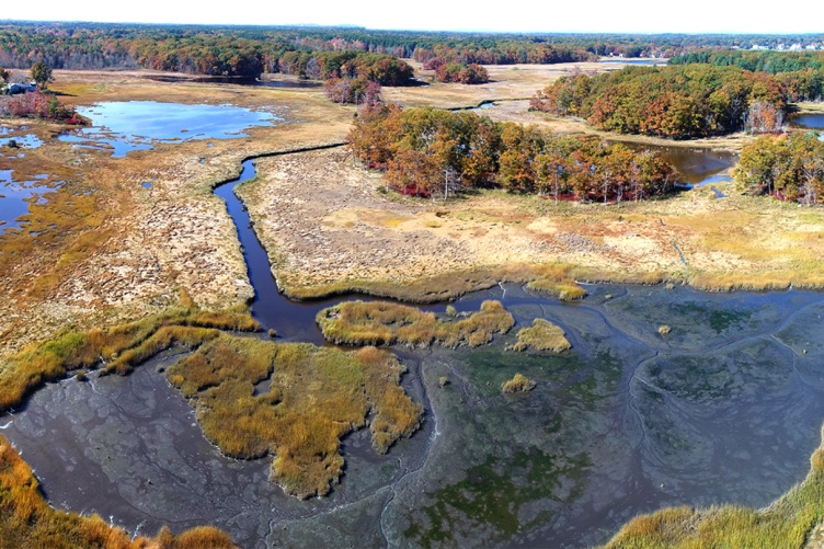 Aerial image of a marsh along the seacoast of New Hampshire. 