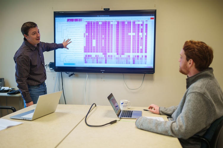 A photo of two men looking at a screen showing pink lines indicating a genomic sequence.