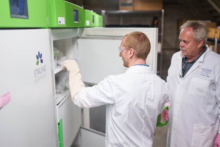  A photo of two men storing genetic samples in a cooler at the Hubbard Center for Genome Studies at UNH.