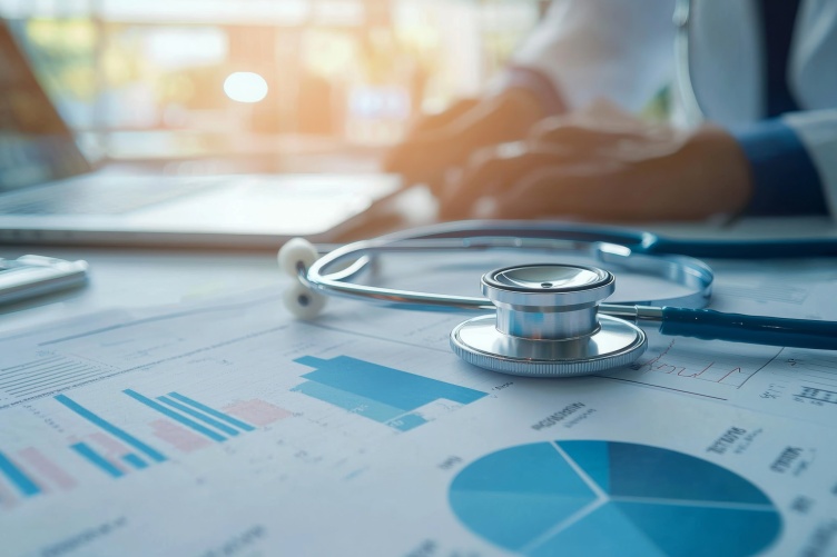 A stethoscope lies on top of a sheet of graphs and charts